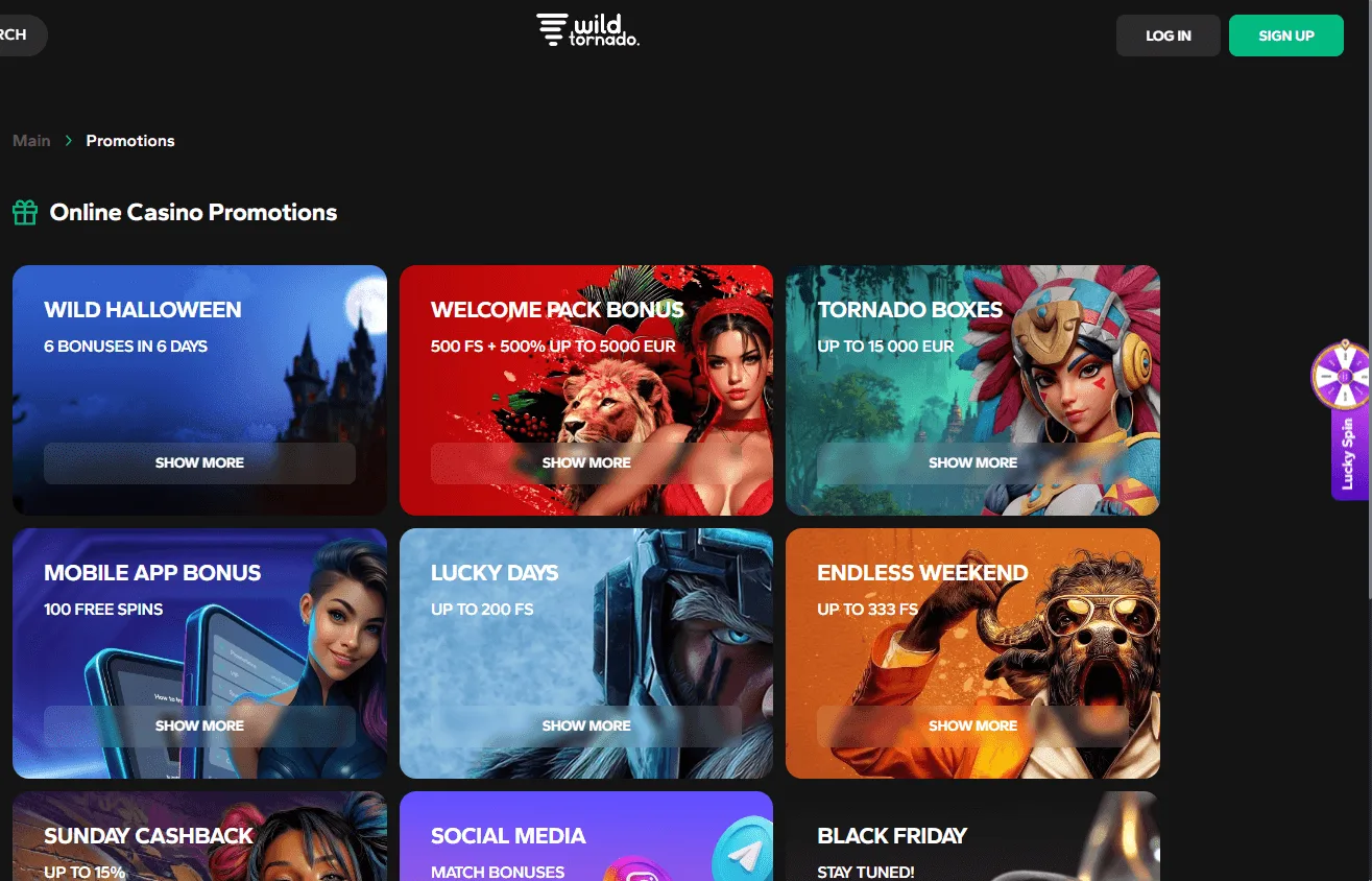 WildTornado Casino promotions area on a desktop device