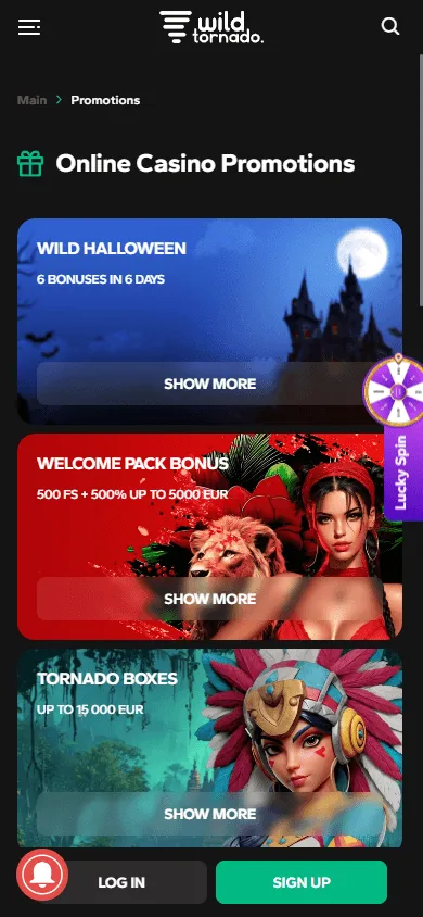 WildTornado Casino promotions area on a mobile device