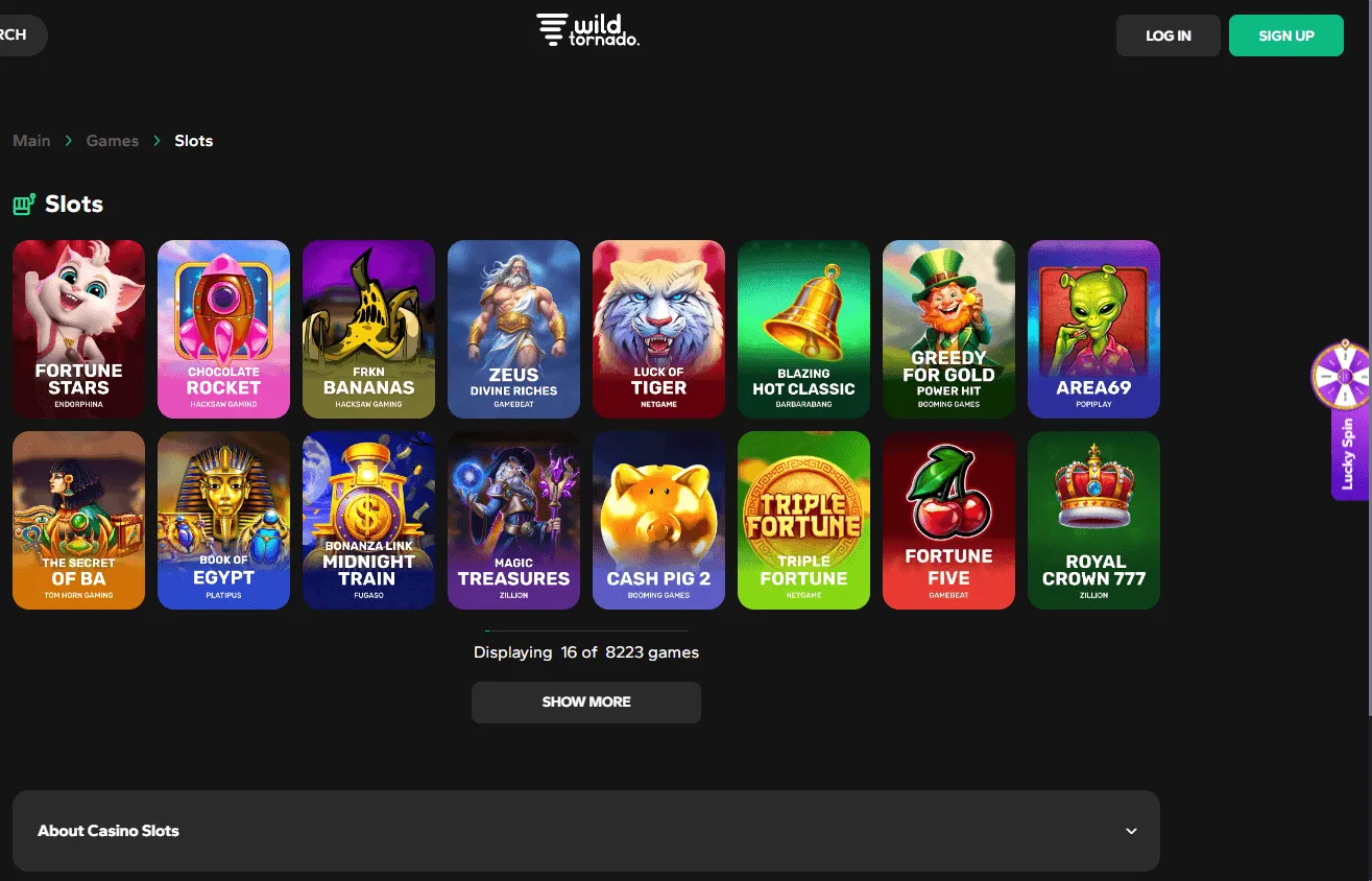 WildTornado Casino games area on a desktop device