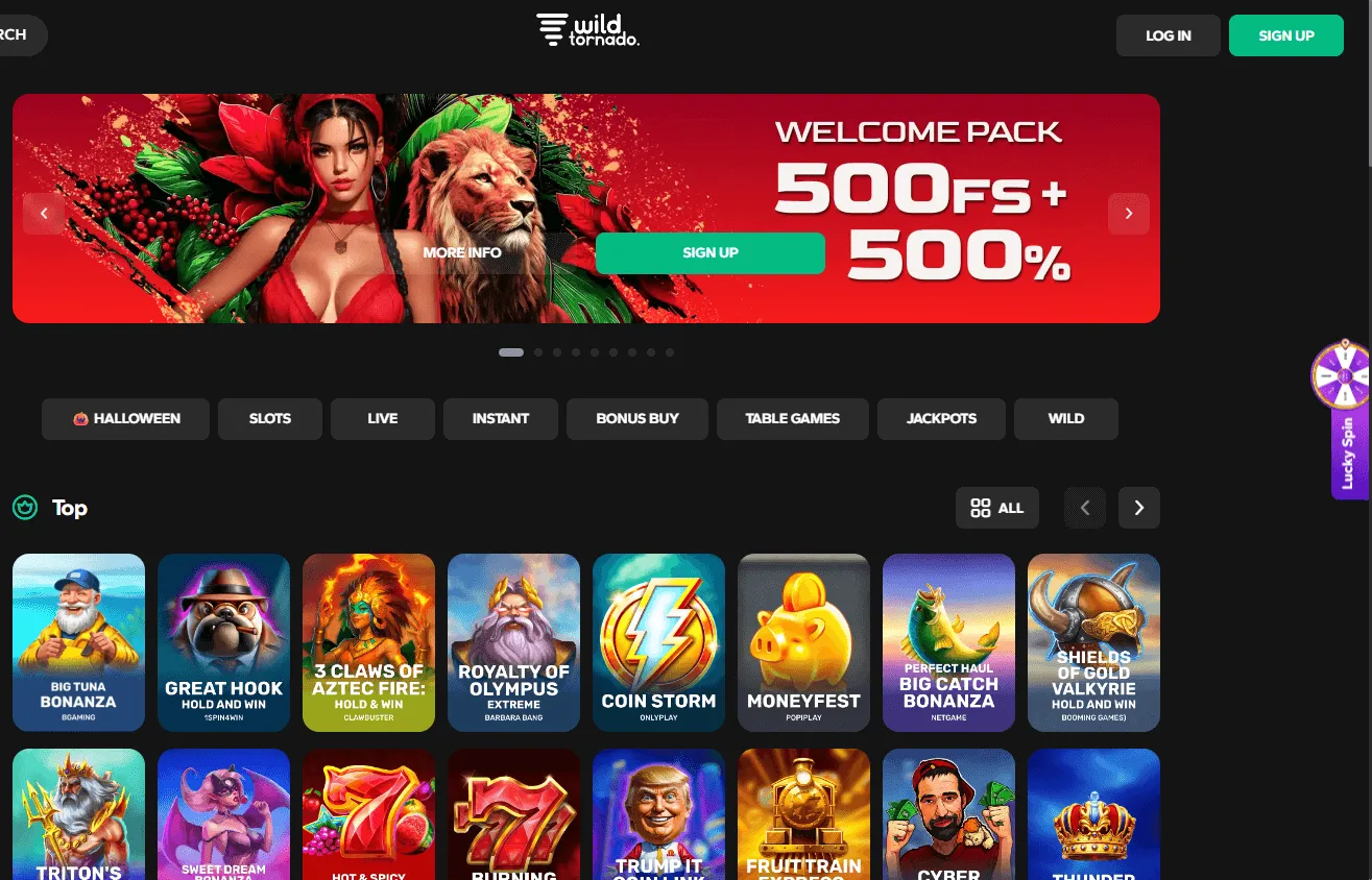 WildTornado Casino home page on a desktop device