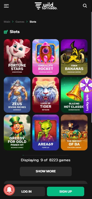 WildTornado Casino games area on a mobile device